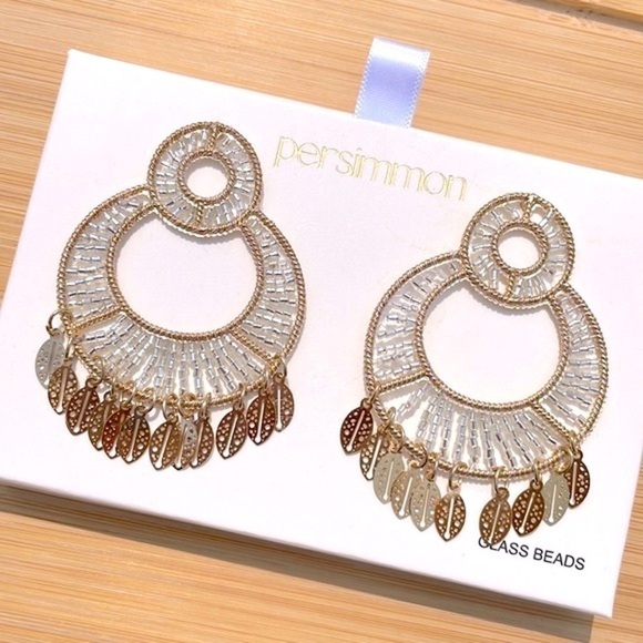 Brand New Persimmon Glass Beaded Gold Tone Leaf Round Drop Earrings Lightweight - Picture 3 of 14